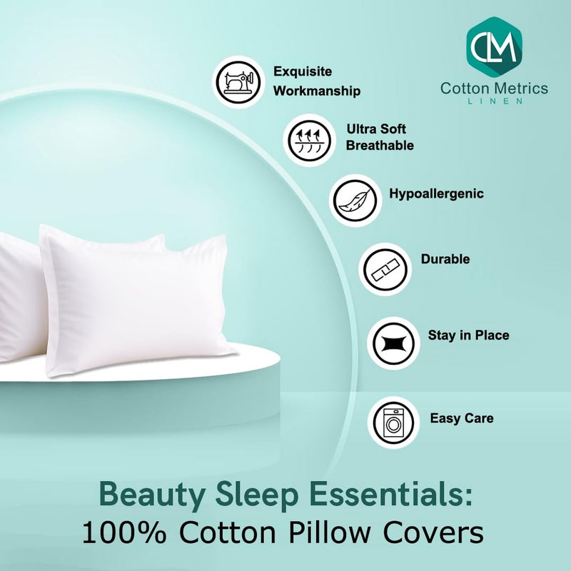 Cotton Metrics Linen أغطية وسائد قطنية مقياس 2 عبوة حجم قياسي 20x26 - 600 خيط 100% قطن عضوي أغطية وسائد بيضاء مع حافة 2 بوصة، ناعمة وسلسة مجموعة أغطية وسائد فاخرة بجودة الفنادق من 2 - Image 2